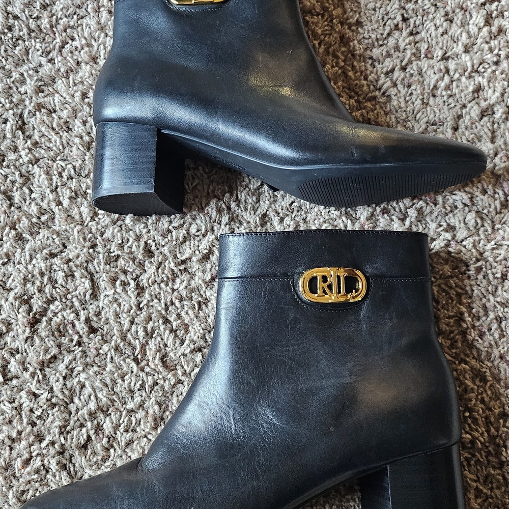 Ralph Lauren Black Ankle Boots with Gold Logo